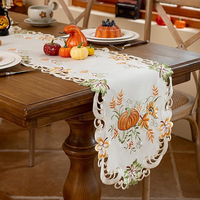 Joyfol Day Autumn Thanksgiving Table Runner 14 x 69 Inch, Cutwork Embroidered Pumpkin Maple Leaves Dresser Scarf, Seasonal Fall Table Runner for Kitchen Dining Harvest Party Decor