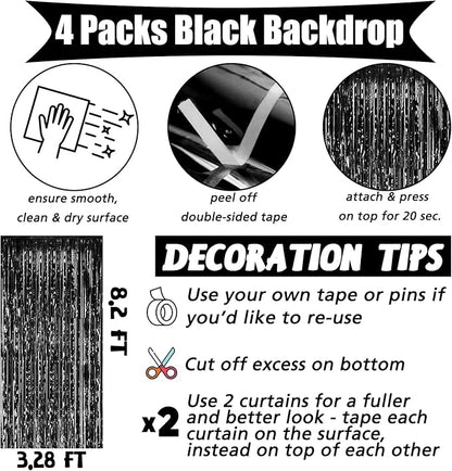 4 Pack Black Fringe Curtain Backdrop, 3.2Ft x 8.2Ft Metallic Tinsel Foil Fringe Streamers Curtains Background for Photo Booth Birthday Wedding Baby Shower Party Thanksgiving Christmas Decorations
