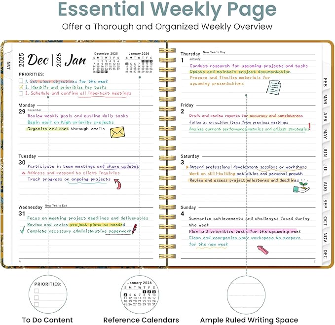 2026 Planner, Weekly and Monthly Planner for Women, Jan 2026 - Dec 2026 Pretty 2026 Calendar Planner with Monthly Tabs, Inner Pocket, Spiral Binding, Perfect for Office Home School - 6.3" x 8.5", Golden Grove