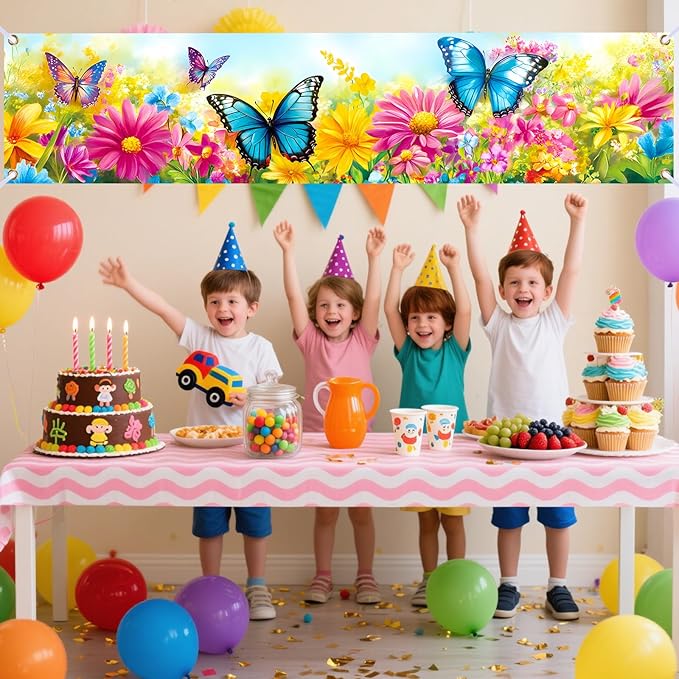 Nuxovilar Happy Birthday Banner Decorations 17.72x78.74 Inch Butterfly Flower Theme - Polyester for Indoor Outdoor Birthday Party Decor