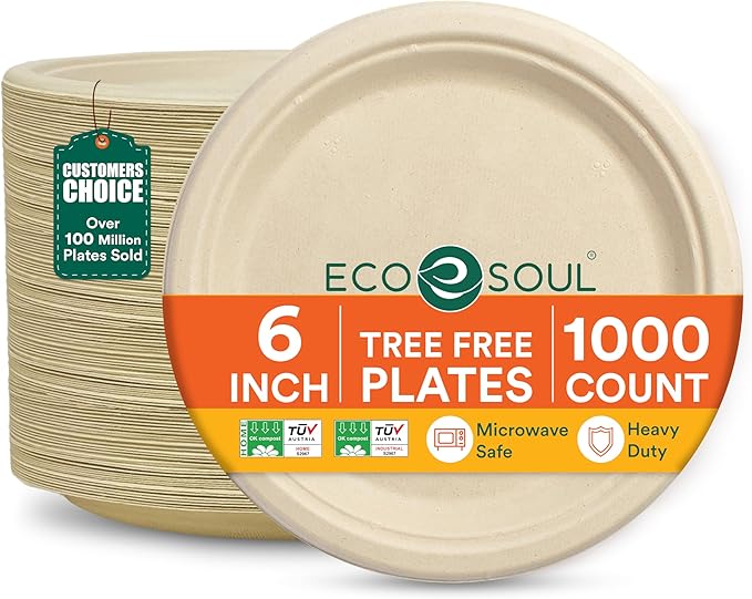 ECO SOUL Compostable Paper Plates 6 Inch (1000 Count) Plates for Thanksgiving Dessert, Heavy Duty, Eco-Friendly Sugarcane Bagasse Small Plates For Appetizer- Natural Brown