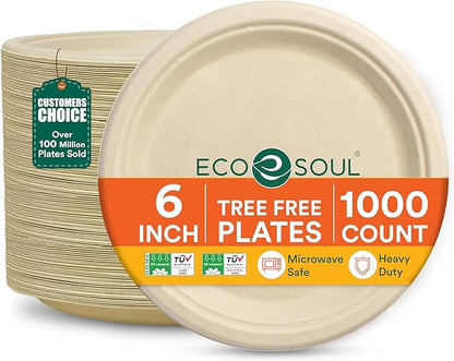 ECO SOUL Compostable Paper Plates 6 Inch (1000 Count) Plates for Thanksgiving Dessert, Heavy Duty, Eco-Friendly Sugarcane Bagasse Small Plates For Appetizer- Natural Brown