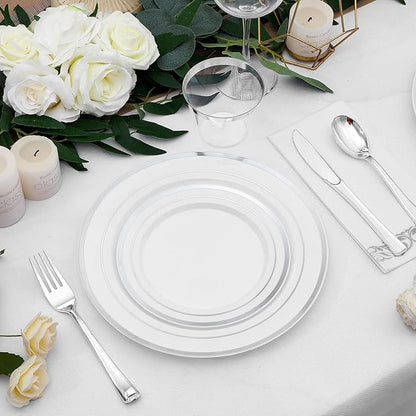 350-Piece Silver Rim Plastic Dinnerware Set for 50 Guests, Elegant Disposable Dinnerware for Party, Wedding. Includes Dinner Plates, Dessert Plates, Silverware, Napkins, Cups