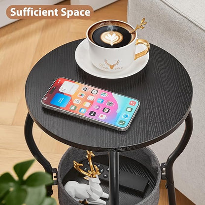 Small Round Side Table with Storage Bag, 3-Tier Accent Round End Table with Four Storage Functions for Living Room, 21.6" H Vintage Smalls Corner Table for Small Spaces Nightstand Bedroom