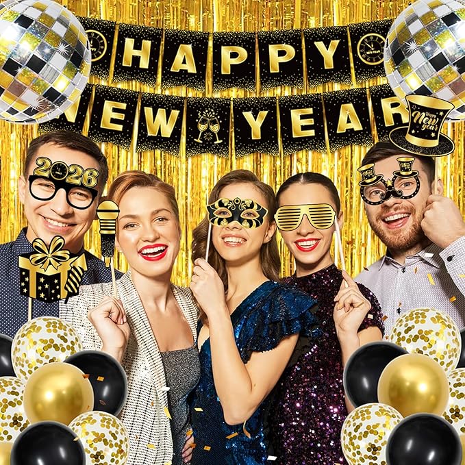 2026 New Year Decorations Party Supplies Kit with Banner, Photo Props, Glasses, Hats, 2026 Foil Balloon, Fringe Curtains and Latex Balloons for New Years Eve Celebration