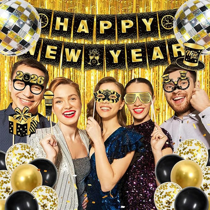 2026 New Year Decorations Party Supplies Kit with Banner, Photo Props, Glasses, Hats, 2026 Foil Balloon, Fringe Curtains and Latex Balloons for New Years Eve Celebration
