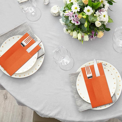 Orange Napkins Hand Towels Disposable, Linen-Feel Dinner Napkins with Prefolded Built-in Flatware Pocket, Guest Paper Hand Towels for Wedding, Thanksgiving Or Party (16x16in, 50Pack）