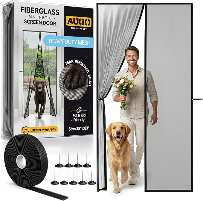 AUGO Heavy Duty Magnetic Screen Door Mesh– Premium Reinforced Fiberglass Mesh, Pet & Kid Friendly, Tear Resistant Hands-Free Self Sealing Closure, Keep Open Feature – 38" x 83"
