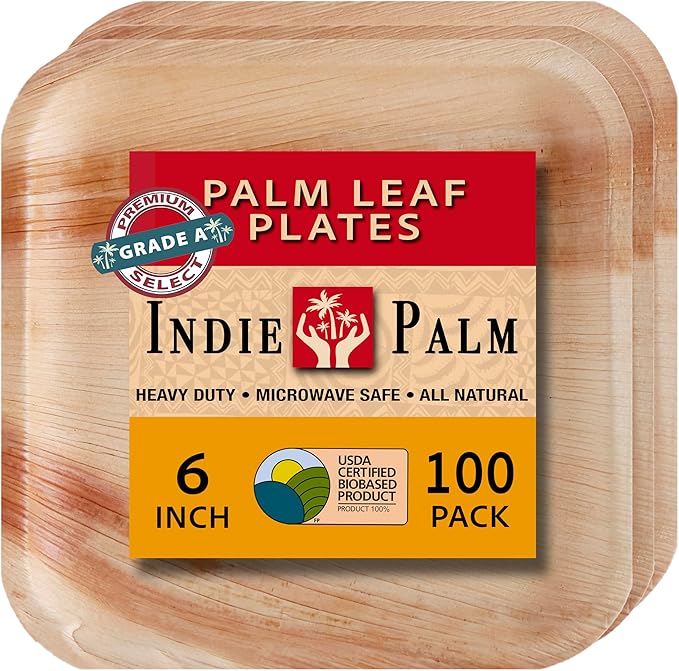 Disposable Palm Leaf Plates - 100 Pack - 6 Inch Square - Compostable & Biodegradable - Heavy Duty, Eco-Friendly, Microwave Safe - Like Bamboo Plates - Perfect for Events & Parties