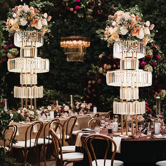5-Tier Crystal Vase for Table Centerpiece, Large Wedding Decor Flower Stand, Metal Chandelier Stand with Crystal Pendants, Elegant Flower Display Rack for Party Event Home Wedding Decoration (Gold)
