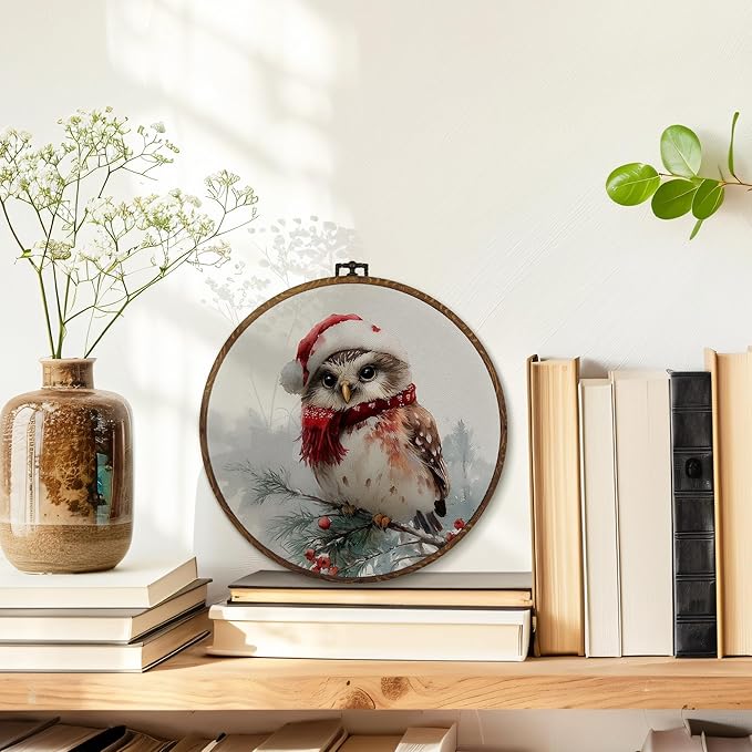 MOTERMATE Vintage Christmas Owl Wall Art Decor Round Framed, Winter Christmas Canvas Wall Art Artwork Prints, Farmhouse Winter Xmas Owl Hanging Decor Decorations for Home Living Room, 10x10 Inch