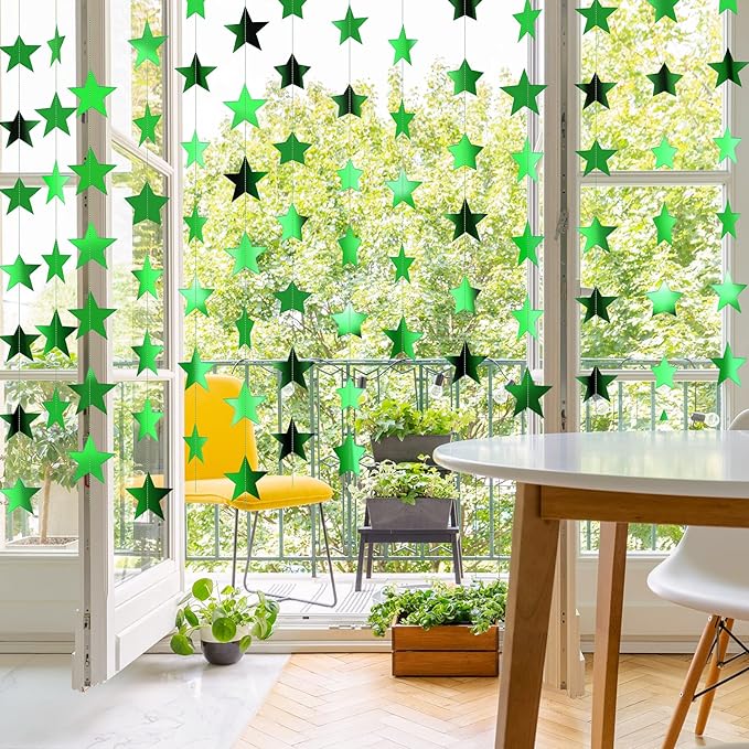 Patelai Glitter Star Garland Banner Christmas Decor 130 Feet Star Hanging Bunting Banner Twinkle Backdrop for Homecoming Classroom Wedding Birthday Halloween Party Supplies(Green)