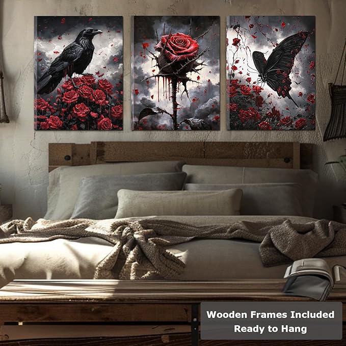 Framed Gothic Wall Art, Romantic Goth Decor, Spooky Dark Crow Flower Butterfly Aesthetic Pictures Decor for Bedroom Living Room Home(Framed, 12x16in, Set of 3, Ready to Hang)
