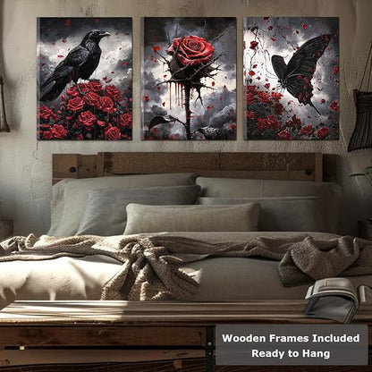 Framed Gothic Wall Art, Romantic Goth Decor, Spooky Dark Crow Flower Butterfly Aesthetic Pictures Decor for Bedroom Living Room Home(Framed, 12x16in, Set of 3, Ready to Hang)