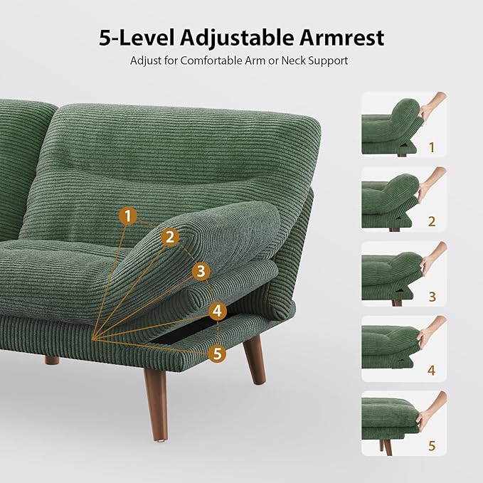 Pipishell Futon Sofa Bed, 66 Inch Corduroy Futon Couch Convertible with Adjustable Backrest and Armrests, Recliner Sleeper Sofa for Small Spaces, Living Room, Office, Guest Room (Green, 66 Inch)