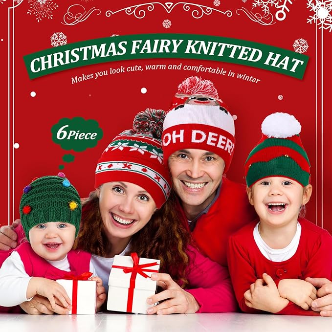 Vicenpal 6 Pcs Christmas Knitted Hat Xmas Beanie Hat Bulk Crochet Knit Cap Set Printed Wool Bulk