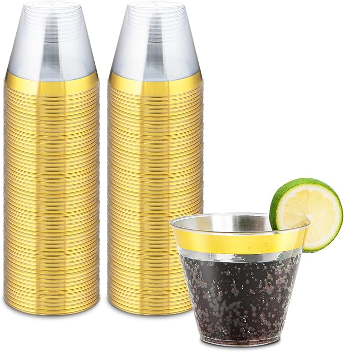 50counts 9 OZ. Disposable Cups Old fashioned Party Tumblers, 9 Ounce Squat Cups Gold Wine Glasses Hard Plastic Cups with Gold Rim