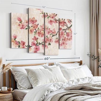 Elephant Stock Cherry Blossom Composition I Wall Art - Horizontal Canvas - 4-Piece Living Room Wall Decor - Branch Painting Canvas Print - Pink and Green Decor for Wall by Tim O'Toole - 52" X 32"
