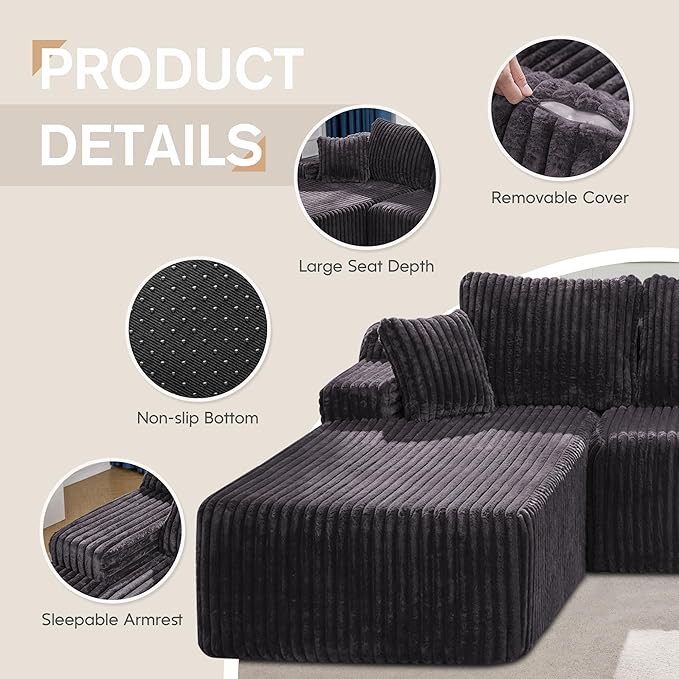 Hobestluk Modular Sectional Sofa Couches L-Shape Couch 3 Seat Modular Sofa Memory Foam Sectional Couches for Living Room, Cloud Couch with Oversized Chaise (108" Left Facing Chaise)