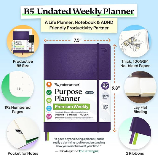 Roterunner Purpose Planner Notebook B5 7.5”x9.8” Undated 2026 Daily Weekly and Monthly Productivity Goal Setting Tool for Work Home ADHD Planner for Adults Self Care Journal (Purple Hardcover)