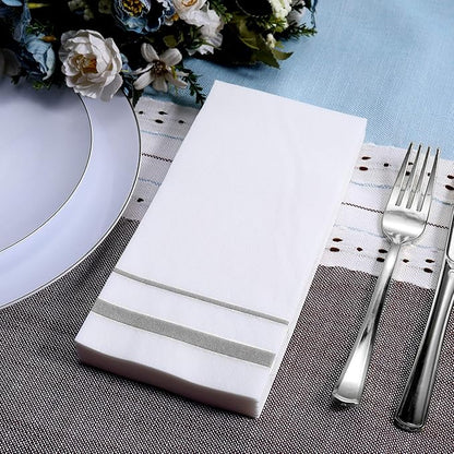 FOCUSLINE 200 Linen Feel Disposable Bathroom Napkins, Soft and Absorbent Paper Guest Towels, Cloth-Like Hand Towels Decorative Paper Napkins for Parties, Weddings, Dinners or Events, Silver, 12" x 17"