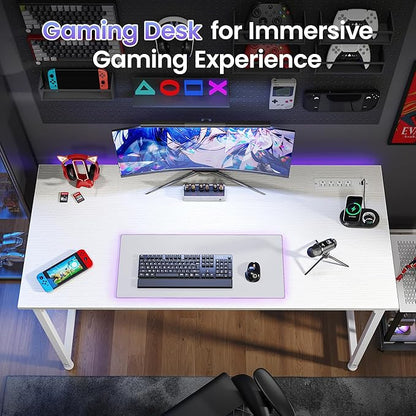PRAISUN 47 X 20 Inch Office Computer Desk with Power Outlets and USB-C Port, Larger Gaming Desk, for Home Office, Study, Bedroom, Writing Work from Home Table, Metal Frame, White
