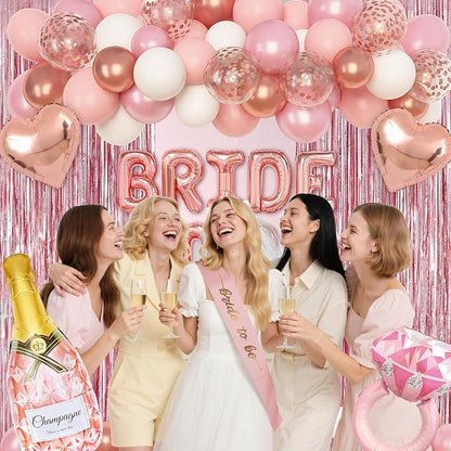 Ouddy Life Rose Gold Bachelorette Party Decorations, Bride to Be Bridal Shower Decoration with Crown Champagnes Diamond Ring Heart Foil Balloons, Veil Sash, Fringe Curtains Engagement Wedding Supply