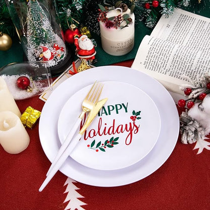 Supernal 150pcs Christmas Plastic Plates Disposable Holiday Plates,Christmas Dinnerware with Xmas Plate,White and Gold Plastic Silverware, Disposable Party Plate with "Happy Holiday"