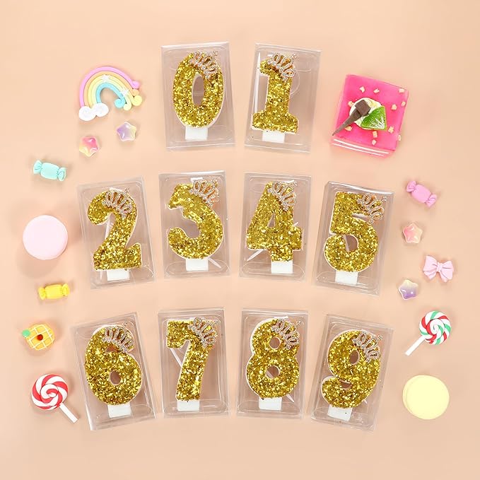 Gold Birthday Candle Crown Number 5 Candle with Sequins Cake Candles Cupcake Decorations Party Decor for Anniversary Celebrations Supplies