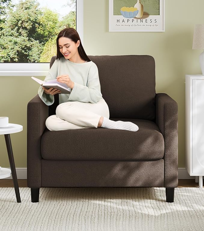 Sofa Accent Chair, 33" Reading Chair for Bedroom, Tool-Free Setup Living Room Accent Chairs, Comfy Arm Chairs Living Room, All-Wood Reading Nook, Brown