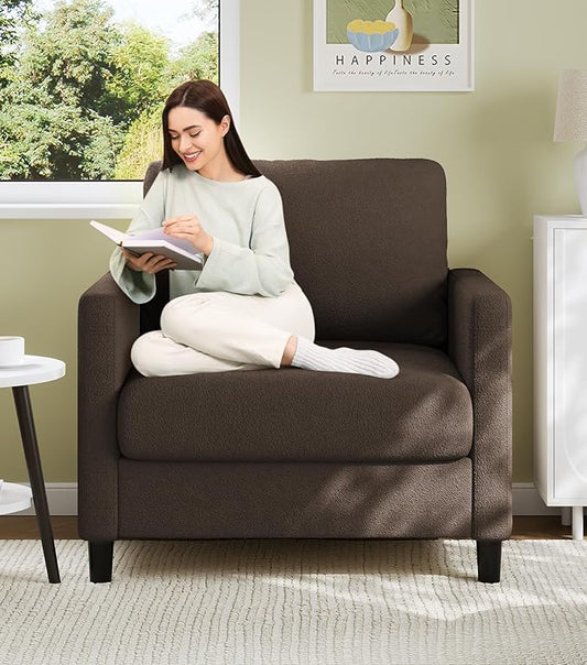 Sofa Accent Chair, 33" Reading Chair for Bedroom, Tool-Free Setup Living Room Accent Chairs, Comfy Arm Chairs Living Room, All-Wood Reading Nook, Brown