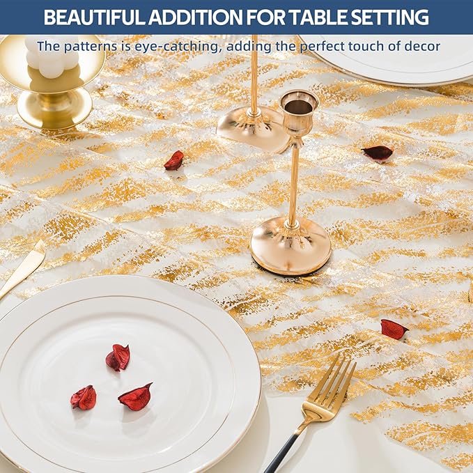 10 Pcs Gold Table Runners, 28In x 10 Ft Sheer Chiffon Tulle Cheesecloth with Glitter Metallic Foil, Golden Sequin Gauze Runner for Wedding, Birthday, Baby Shower, Anniversary Party Decor, Striped