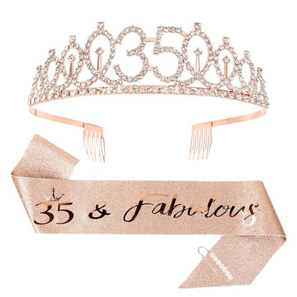 CIEHER 35th Birthday Crown & Sash Set + Tiara, Fabulous 35th Decorations & Gifts