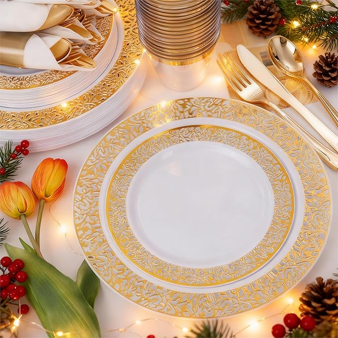 WELLIFE 175Pcs Gold Dinnerware Sets, Include:25 Dinner Plates, 25 Dessert Plates, 25 Paper Napkins, 25 Cups, 25 Plastic Cutlery Set