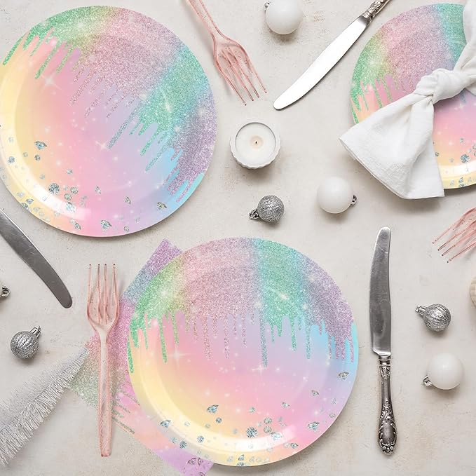 96pcs Colorful Diamonds Party Disposable Tableware Set Birthday for 24 Guests Kids Party Supplies（Include Plates, Forks and Napkins）