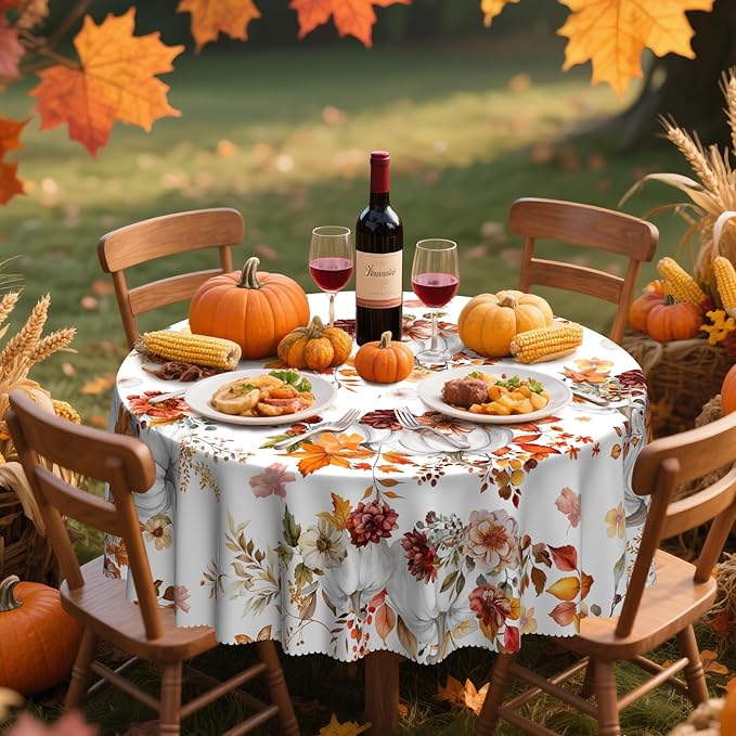 Eikione Thanksgiving Tablecloth, Round Fall Tablecloth 70 Inch, Pumpkin Table Cloth, Autumn Harvest for Christmas, Holiday, Birthday,Thanksgiving Decor