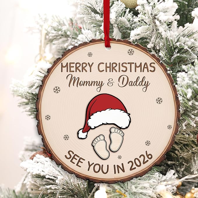 Baby Expecting See You in 2026, Merry Christmas Mommy and Daddy 2 Layered Wooden Ornament, Baby Coming Soon, Pregnancy Announcement Ornament