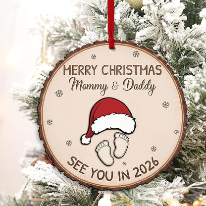 Baby Expecting See You in 2026, Merry Christmas Mommy and Daddy 2 Layered Wooden Ornament, Baby Coming Soon, Pregnancy Announcement Ornament