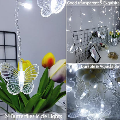 Butterfly Curtain Fairy Lights USB Plug in,120 LED 8 Modes 20FT Firefly Twinkle Icicle String Lights with Remote Timer Waterproof Copper Wire for Bedroom Patio Christmas Wedding Party Dorm(Cool White)