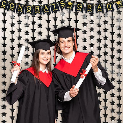 LOLStar Black Stars Birthday Decorations for New Years Eve 2026 Men Boy 2Pack 3.3X6.6ft Each Black Backdrop Star Foil Fringe Curtains for Happy to My 20s Party Supplies nye Streamers Graduation Decor