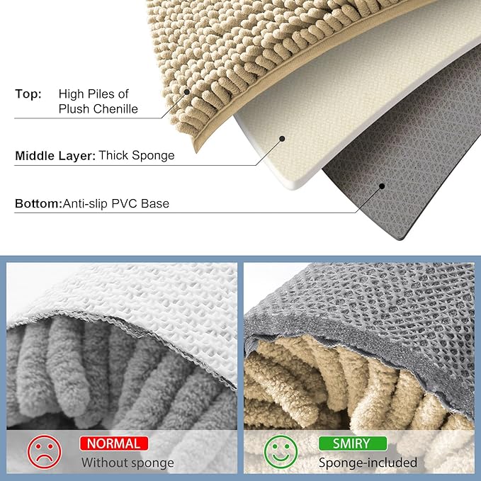 Smiry Luxury Chenille Bathroom Rugs 47x24, Extra Soft and Absorbent Shaggy Bath Mat, Machine Washable, Non-Slip Plush Carpet Runner for Tub, Shower, and Floor, Home Decor Accessories, Beige