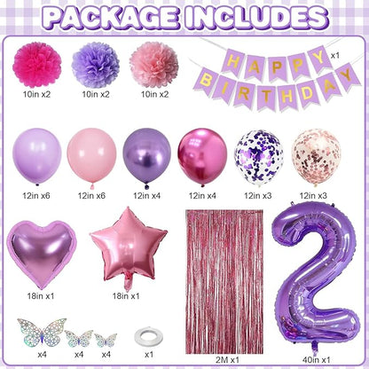 Pink Purple 2nd Birthday Party Decorations for Girls Number 2 Balloon Happy Birthday Banner Butterfly Stickers Fringe Curtain Paper Pom Poms Metallic Hot Pink Star Foil Balloons Baby 2 Year Old Decor