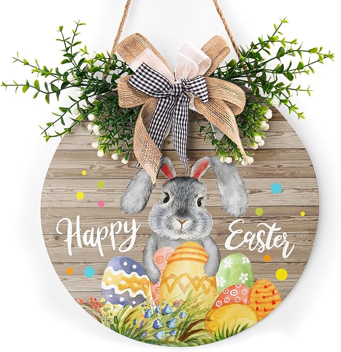 Harooni Rustic Wooden 12x12in Happy Easter Door Sign with Bow, Bunny & Easter Eggs, Perfect for Front Door, Wall, Window, Indoor/Outdoor Use