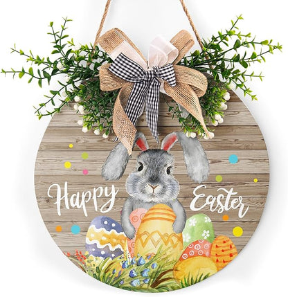 Harooni Rustic Wooden 12x12in Happy Easter Door Sign with Bow, Bunny & Easter Eggs, Perfect for Front Door, Wall, Window, Indoor/Outdoor Use