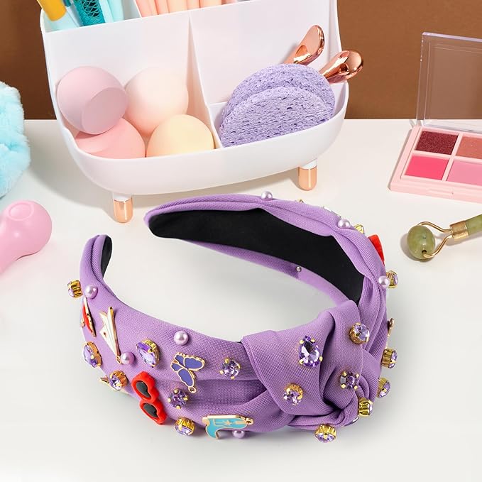 PANTIDE Music Jeweled Knotted Headband - Singer Fans Gift Butterfly Sunglassses Rhinestone Crystal Embellished Headband Fashion Hair Accessories Birthday Back To School Gift for Women Girls (Purple)