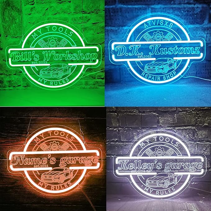 Custom Garage Neon Sign for Wall Decor, Personalized Garage LED Sign, Customizable Your Name Est Year Theme Workshop Man Cave Neon Light Signs, Garage Light Up Sign for Men Dad Gift