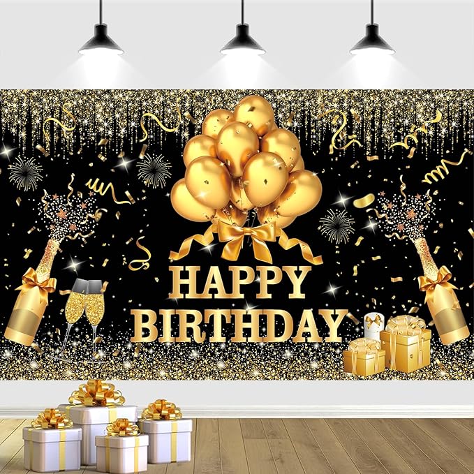 YinQin 180x120 cm Glitter Golden Black Happy Birthday Backdrops Banners Cloth 71x47 inch Bday Party Photography Backgrounds Shiny Black Gold Happy Birthday Sign Party Decorations for Girl Women