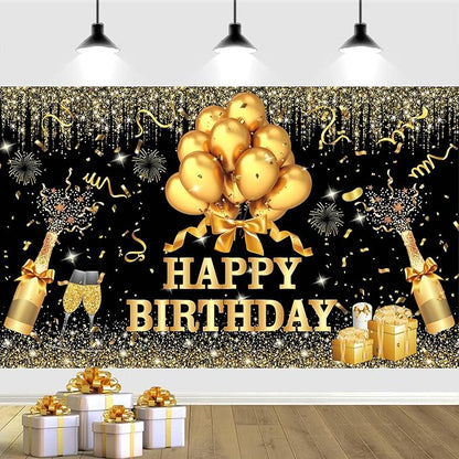 YinQin 180x120 cm Glitter Golden Black Happy Birthday Backdrops Banners Cloth 71x47 inch Bday Party Photography Backgrounds Shiny Black Gold Happy Birthday Sign Party Decorations for Girl Women