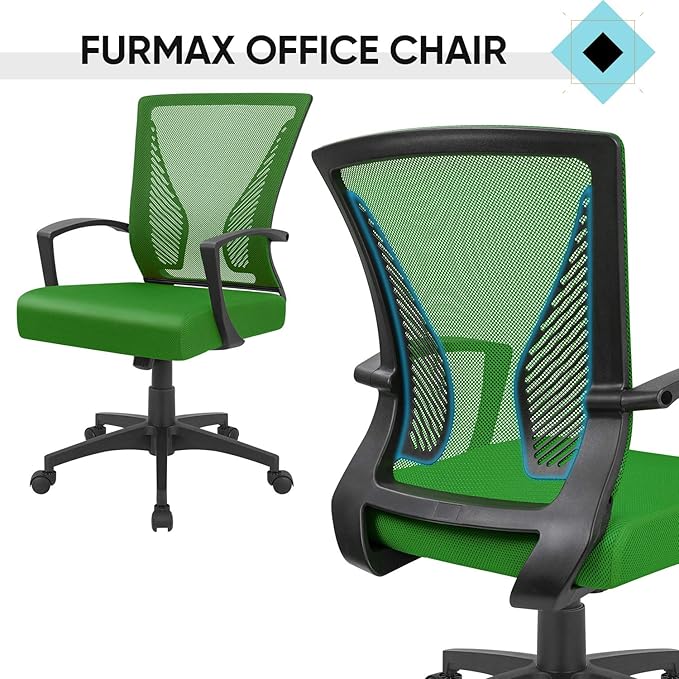 Furmax Office Chair Ergonomic Computer Desk Mesh Chair Mid Back Swivel Lumbar Support with Armrest (1, Green)
