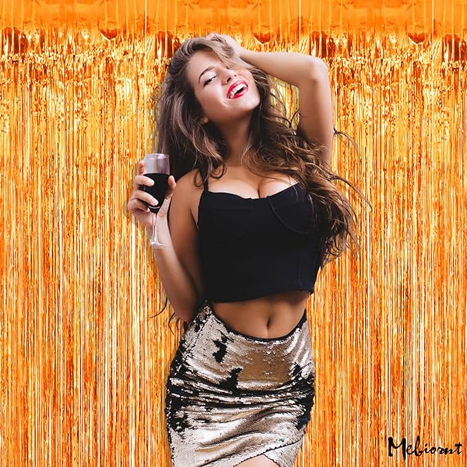 4 Pack Orange Fringe Curtain Backdrop, 3.2Ft x 8.2Ft Metallic Tinsel Foil Fringe Streamers Background for Photo Booth Birthday Wedding Baby Shower Carnival Easter Mother’s Day Party Decorations